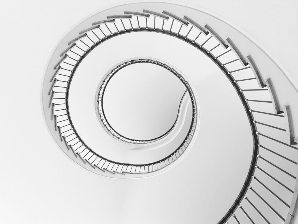 stairs, spiral staircase, stairwell, snail, black-and-white